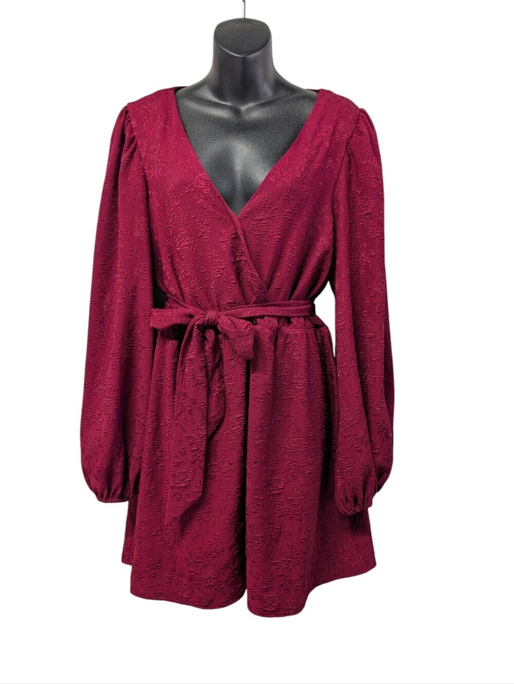 Lulus Burgundy Red Textured Wrap Dress Women's XL Long Puff Sleeve